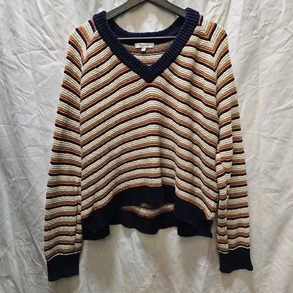 Madewell Arden Striped V-Neck Pullover Sweater Garter Stitch Chunky Knit XL - Picture 1 of 12
